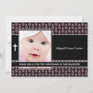 Pink Damask Baby Girl Photo Christening Invitation