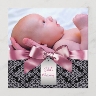 Pink Damask Baby Girl Photo Christening Invitation