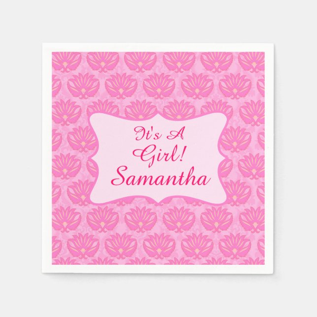 Pink Damask Baby Its a Girl Birth Annoucement Napkin (Front)