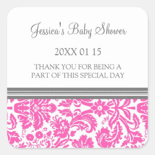 Pink Damask Baby Shower Favour Stickers