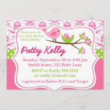 Pink Damask Baby Shower Invitation with birdies