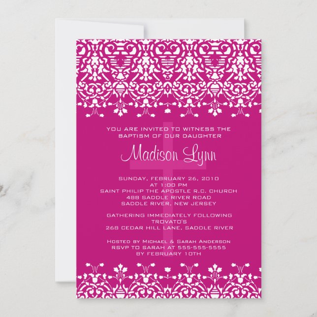 Pink Damask Baptism Invitation (Front)