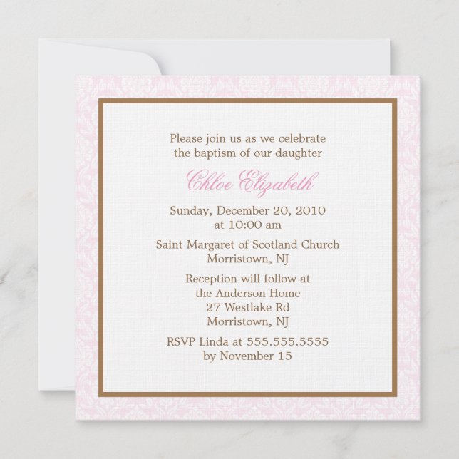 Pink Damask Baptism Invitations (Front)