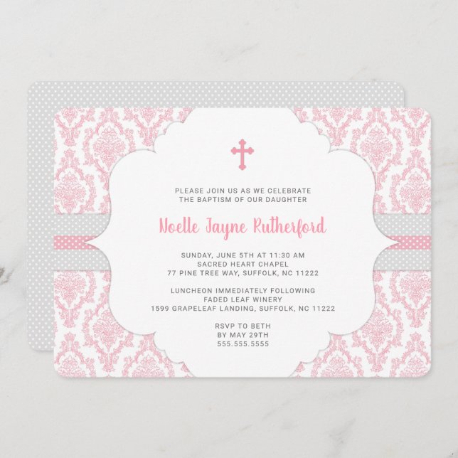 Pink Damask Baptism or First Communion invitation (Front/Back)