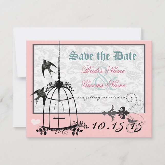 Pink Damask Bird Cage Wedding Save the Date Invitation (Front)