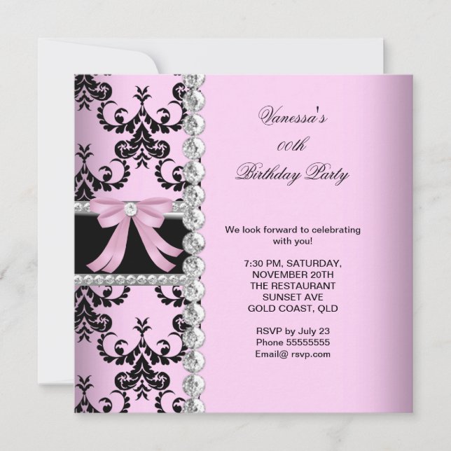 Pink Damask Black Jewel Bow Birthday Party Invitation (Front)
