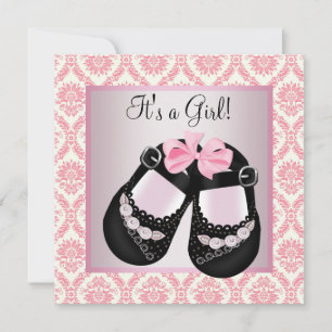 Pink Damask Black Shoes Pink Damask Baby Girl Show Invitation