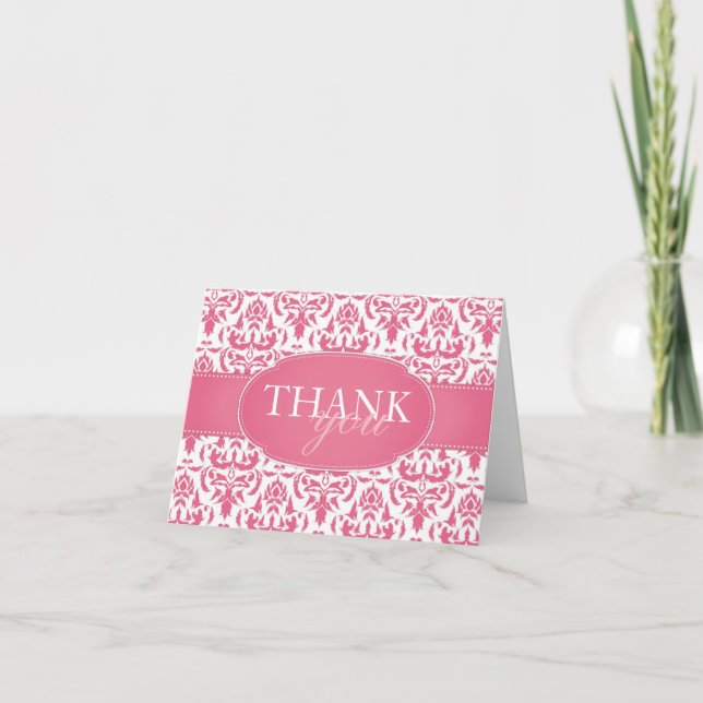 Pink Damask Blank Wedding Thank You Card (Front)