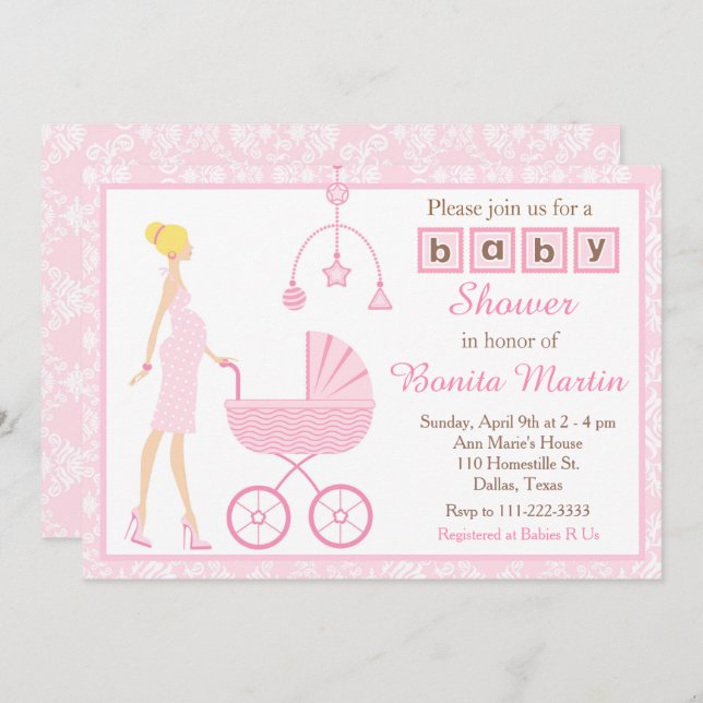 Pink Damask Blonde Expecting Girl Baby Shower Invitation (Front/Back)