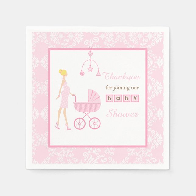 Pink Damask Blonde Woman Baby Shower Napkin (Front)