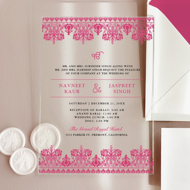 Pink Damask Border Anand Karaj Sikh Wedding Acrylic Invitations (Creator Uploaded)