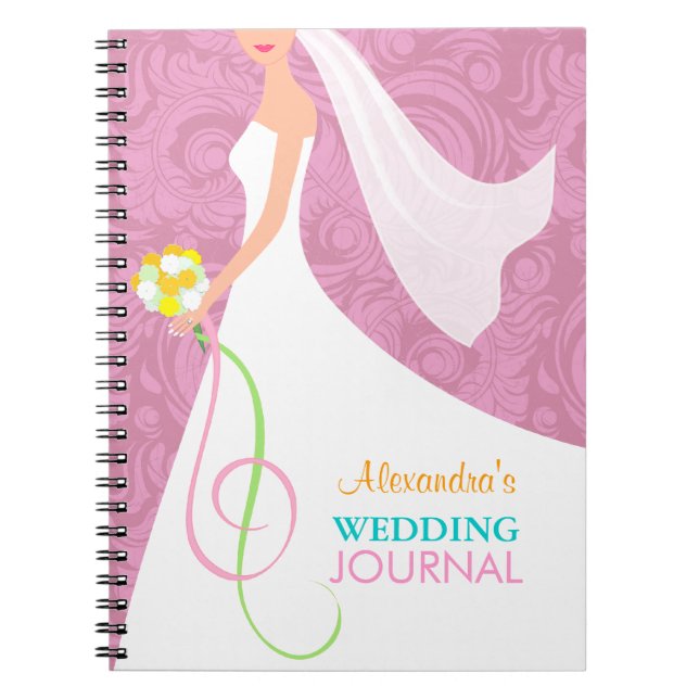 Pink Damask Bridal Wedding Journal Notebook (Front)