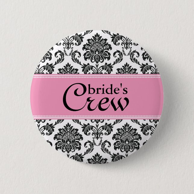 Pink Damask Bride's Crew Button (Front)