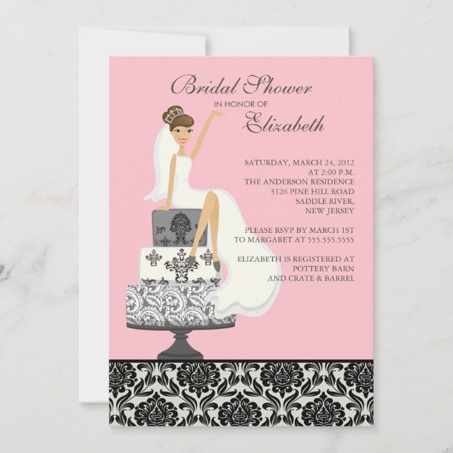 Pink Damask Brunette Bride Bridal Shower Invitation (Front)