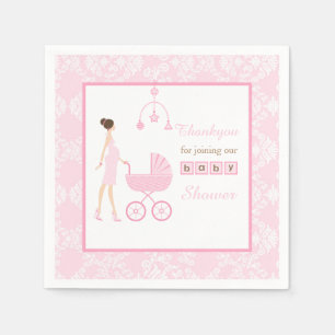 Pink Damask Brunette Woman Baby Shower Napkin