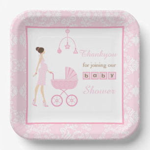 Pink Damask Brunette Woman Baby Shower Paper Plate