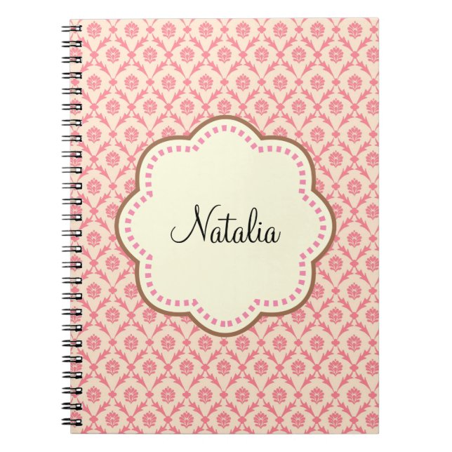 Pink Damask Cream Flower Spiral Notebook (Front)
