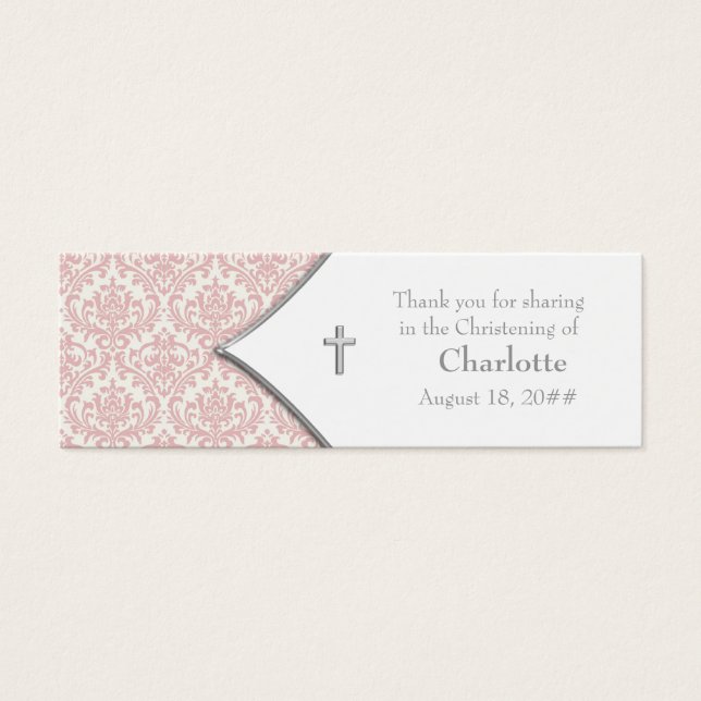 Pink Damask Cross Bomboniere Tags (Front)