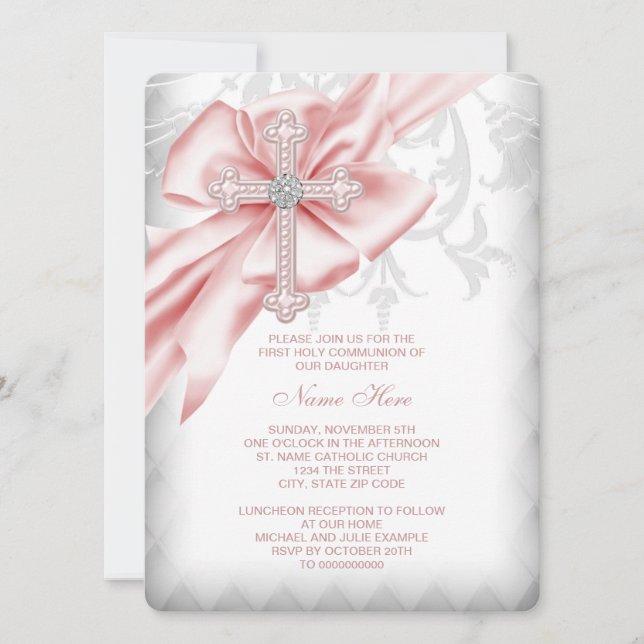Pink Damask Cross First Communion Invitation (Front)
