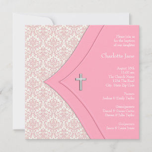 Pink Damask Cross Girl Baptism Christening Invitation