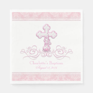 Pink Damask Cross Girls Baptism Communion Napkins