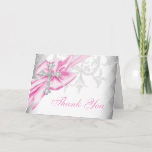 Pink Damask Cross Thank You Card
