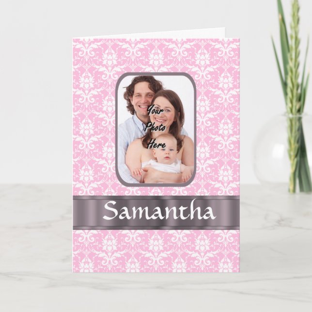 Pink damask custom photo card (Front)