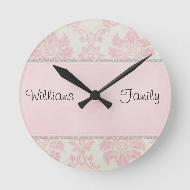 Pink Damask Diamonds Round Clock (Front)
