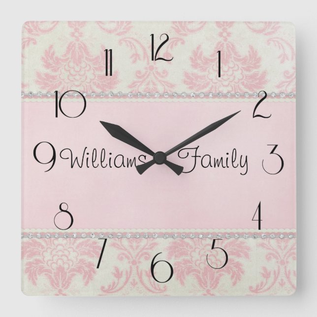 Pink Damask Diamonds Square Wall Clock (Front)