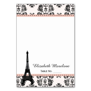 Pink Damask Eiffel Tower Tent Place Cards