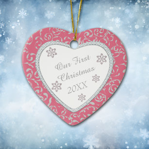 Pink Damask Faux Diamond First Christmas Ceramic Tree Decoration