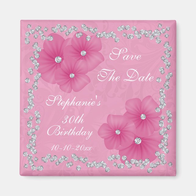 Pink Damask & Flowers 30th Birthday Magnet (Front)