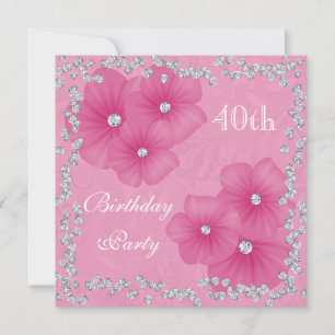 Pink Damask & Flowers 40th Birthday Invitation