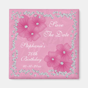 Pink Damask & Flowers 70th Birthday Magnet