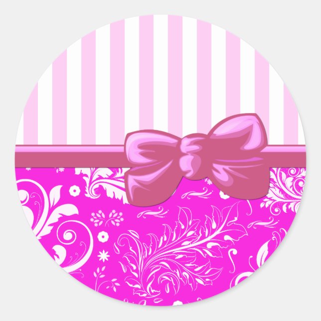 Pink Damask, French Damask, Pink Stripes, Lines Classic Round Sticker (Front)