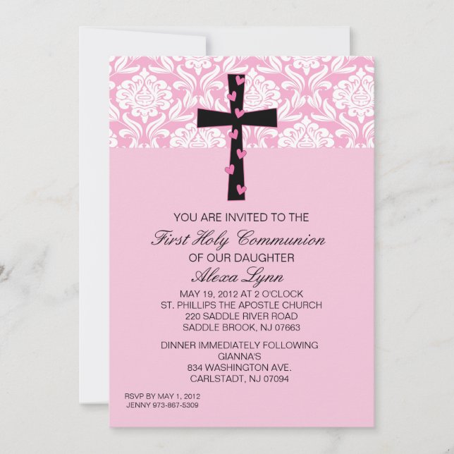 Pink Damask Girls Communion Invitation (Front)