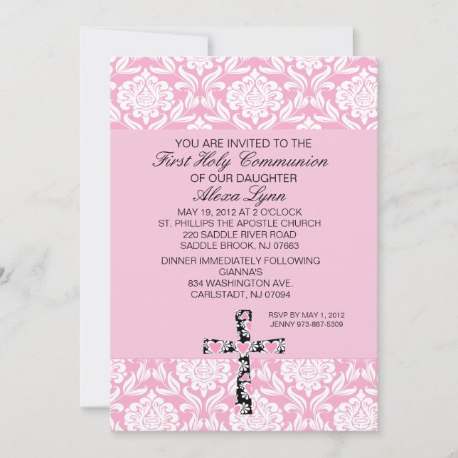 Pink Damask Girls Communion Invitation (Front)