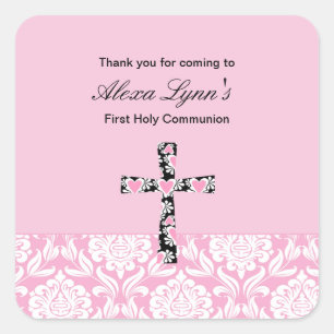 Pink Damask Girls Communion sticker