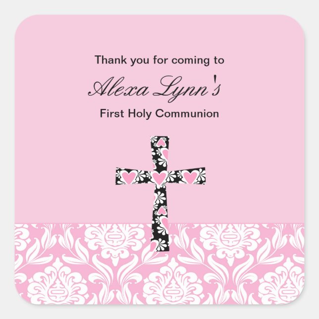 Pink Damask Girls Communion sticker (Front)