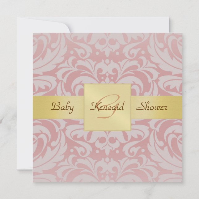 Pink Damask Gold Ribbon Baby Shower Invitation (Front)