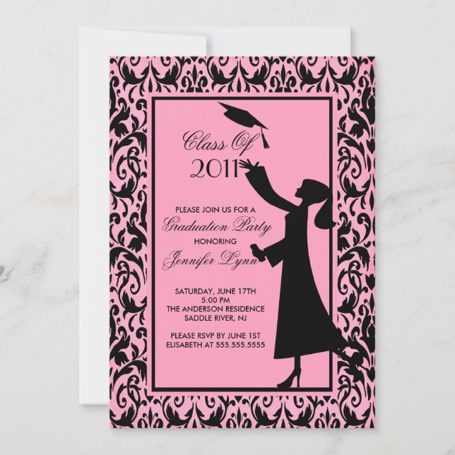 Pink Damask Graduation Invitation Silhouette Grad (Front)