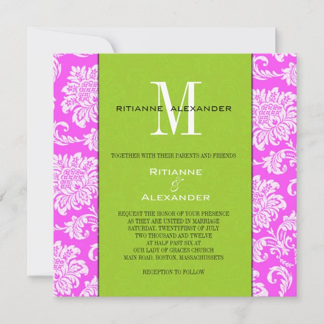 Pink Damask Green Monogram Wedding Invitation (Front)
