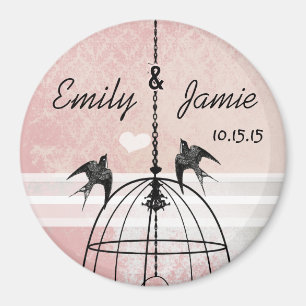 Pink Damask & Grey Bird Cage Wedding Magnet