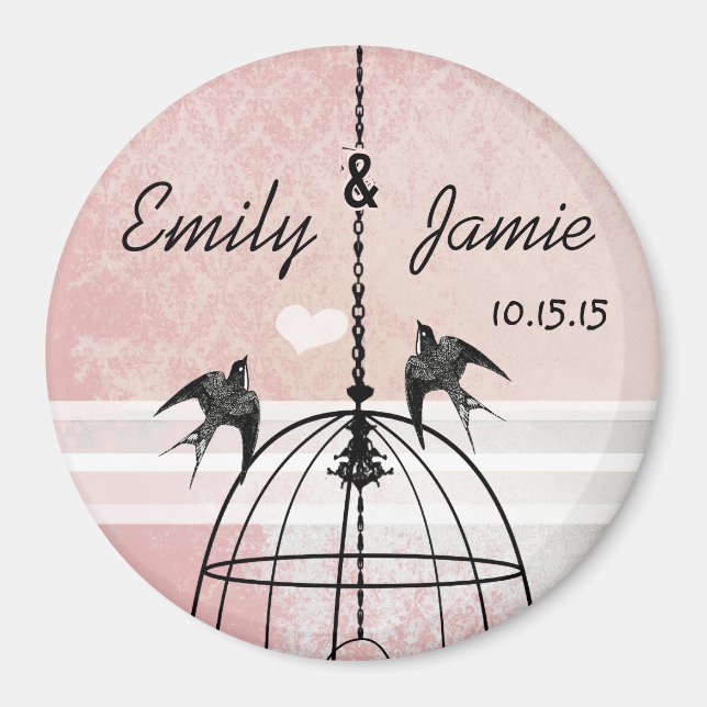 Pink Damask & Grey Bird Cage Wedding Magnet (Front)