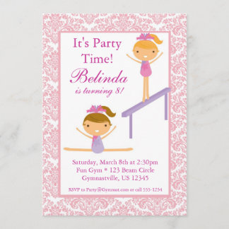 Pink Damask Gymnast Birthday Party Invitation