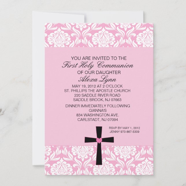 Pink Damask Heart Communion Invitation (Front)