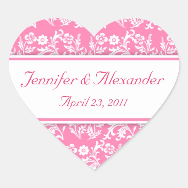 Pink Damask Heart Wedding Invitation Seals (Front)