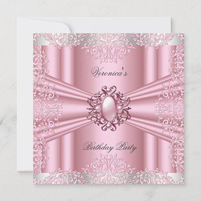 Pink Damask Lace Pearl Diamond Birthday Party Invitation (Front)