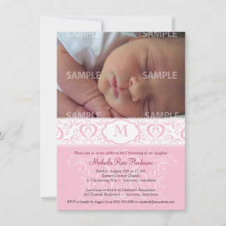 Pink Damask Monogram Baptism/Christening Invitation