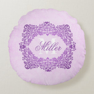 Pink Damask Monogram Name Round Cushion